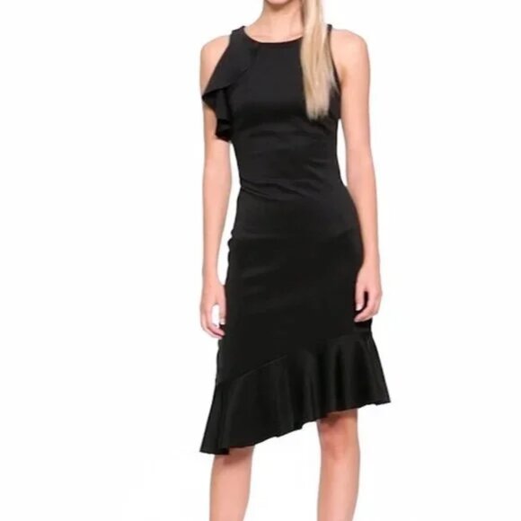 Banana Republic Wrinkle-Resistant Flounced Black Sheath Dress Sz 10 - Picture 3 of 6